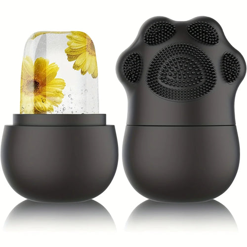 Facial Ice Roller with black silicone handle and textured face brush, featuring a clear floral ice core for cooling massage